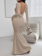 Devine Backless Round Neck Long Sleeve Maxi Dress - Delanoir