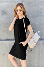 Basic Bae Bamboo Full Size Round Neck Short Sleeve Dress with Pockets - Delanoir