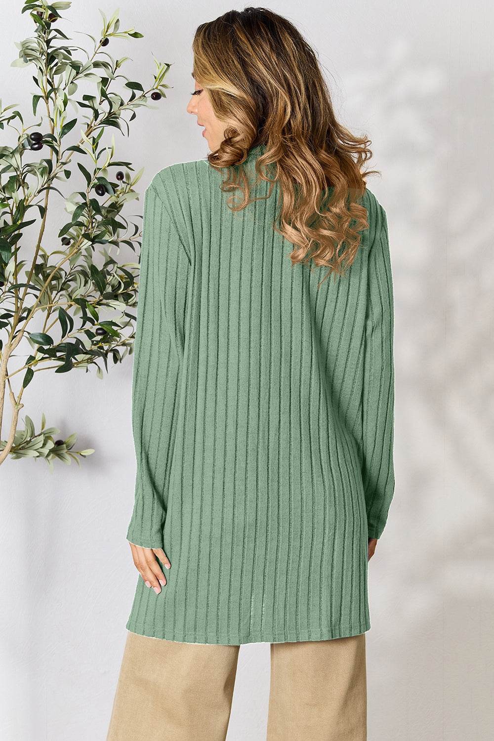 Basic Bae Full Size Ribbed Open Front Cardigan with Pockets - Delanoir