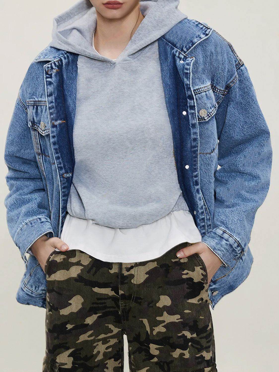 Button Up Collared Neck Long Sleeve Denim Jacket - Delanoir