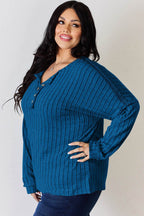 Basic Bae Full Size Ribbed Half Button Long Sleeve T-Shirt - Delanoir