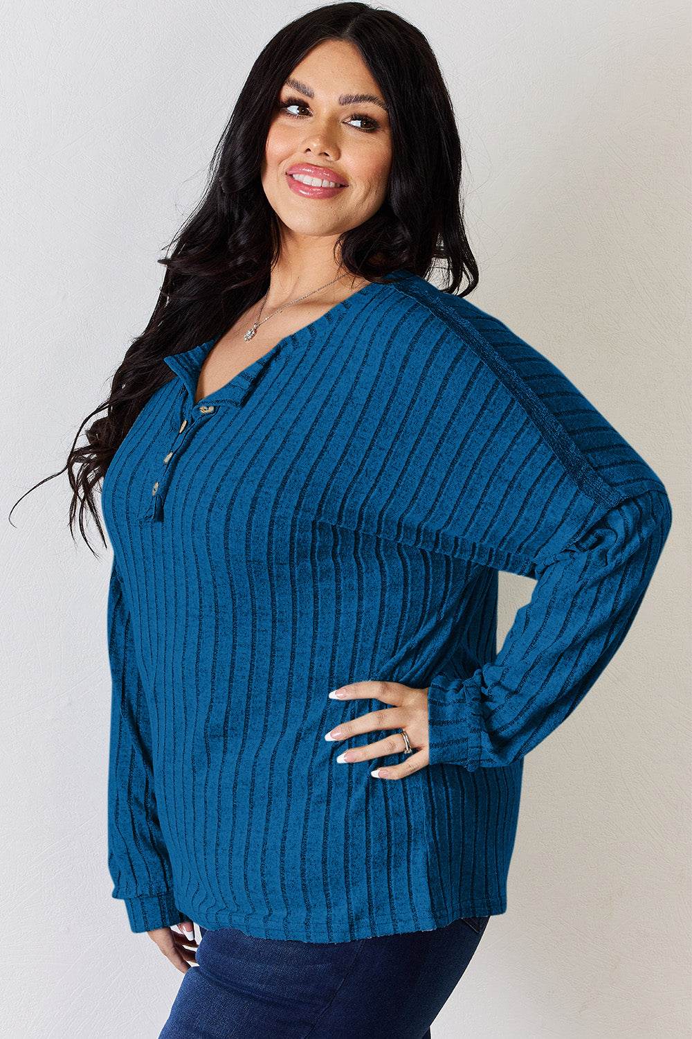 Basic Bae Full Size Ribbed Half Button Long Sleeve T-Shirt - Delanoir