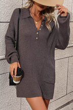Collared Neck Long Sleeve Sweater Dress with Pockets - Delanoir