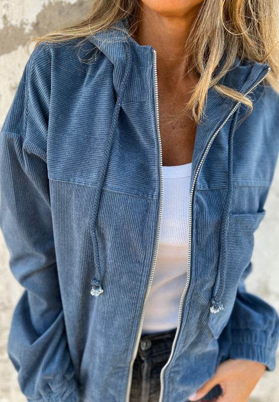 Pocketed Zip Up Long Sleeve Hooded Jacket - Delanoir