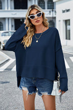 High-Low Slit Round Neck Long Sleeve Sweater - Delanoir