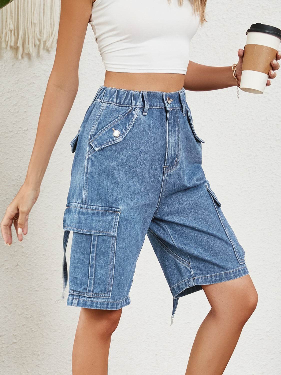 High Waist Denim Shorts with Pockets - Delanoir