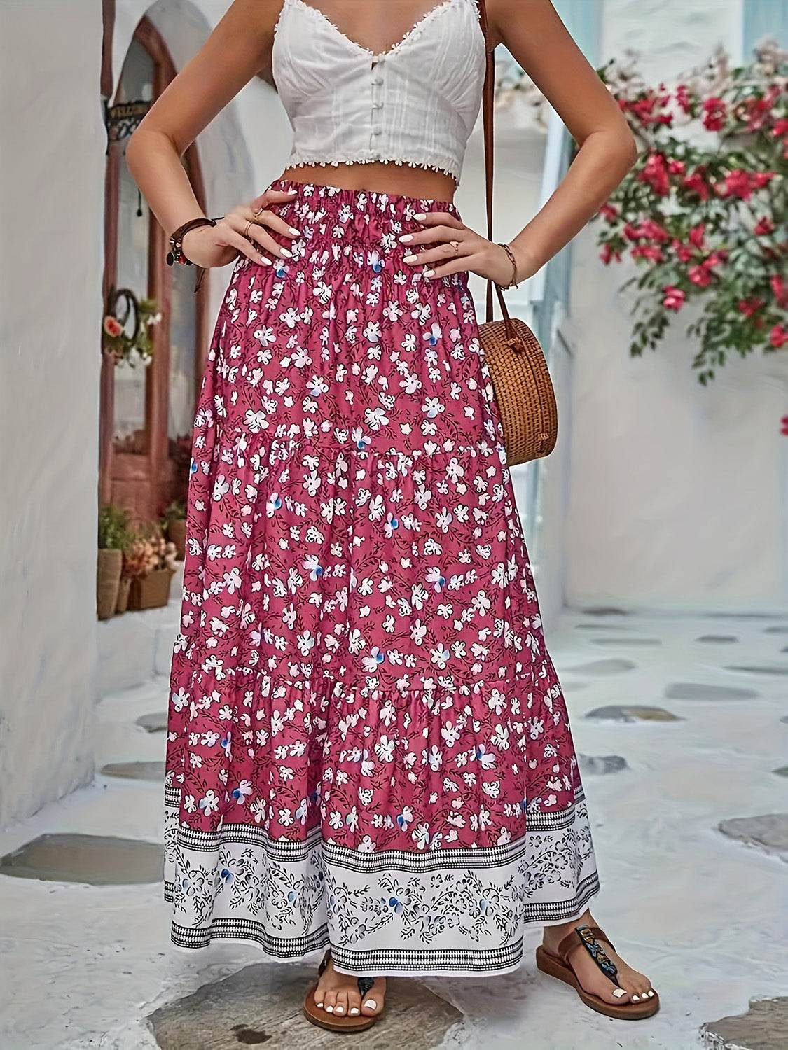 Full Size Tiered Printed Elastic Waist Skirt - Delanoir