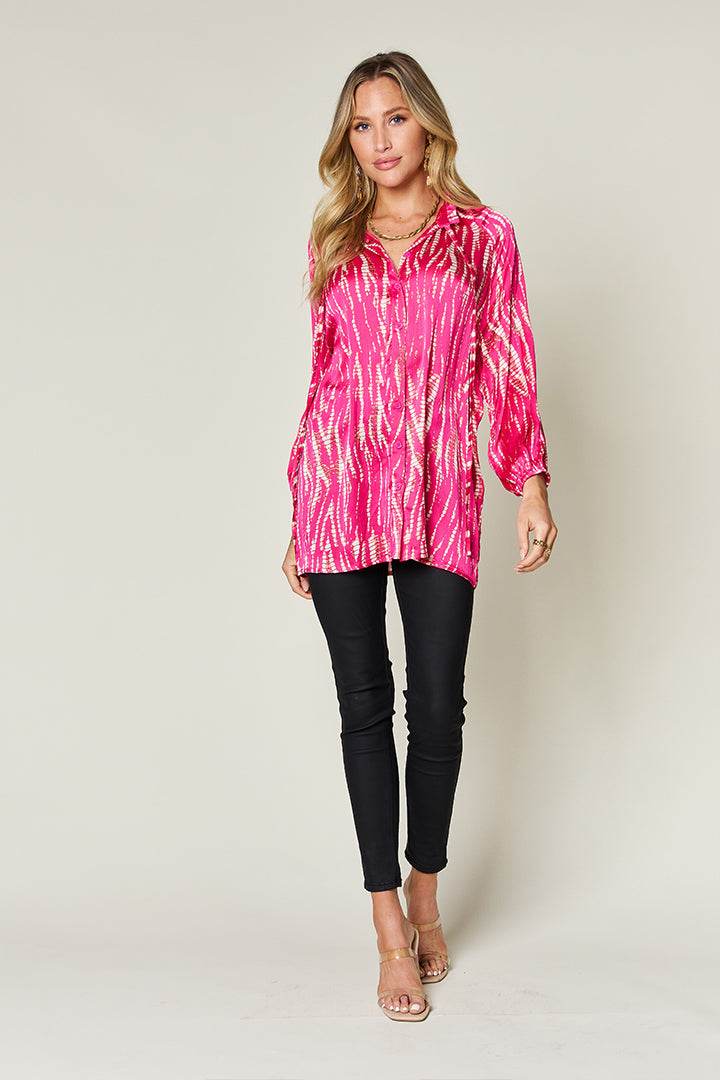 Double Take Full Size Printed Button Up Long Sleeve Shirt - Delanoir