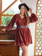 Plus Size Lace Detail V-Neck Long Sleeve Mini Dress - Delanoir