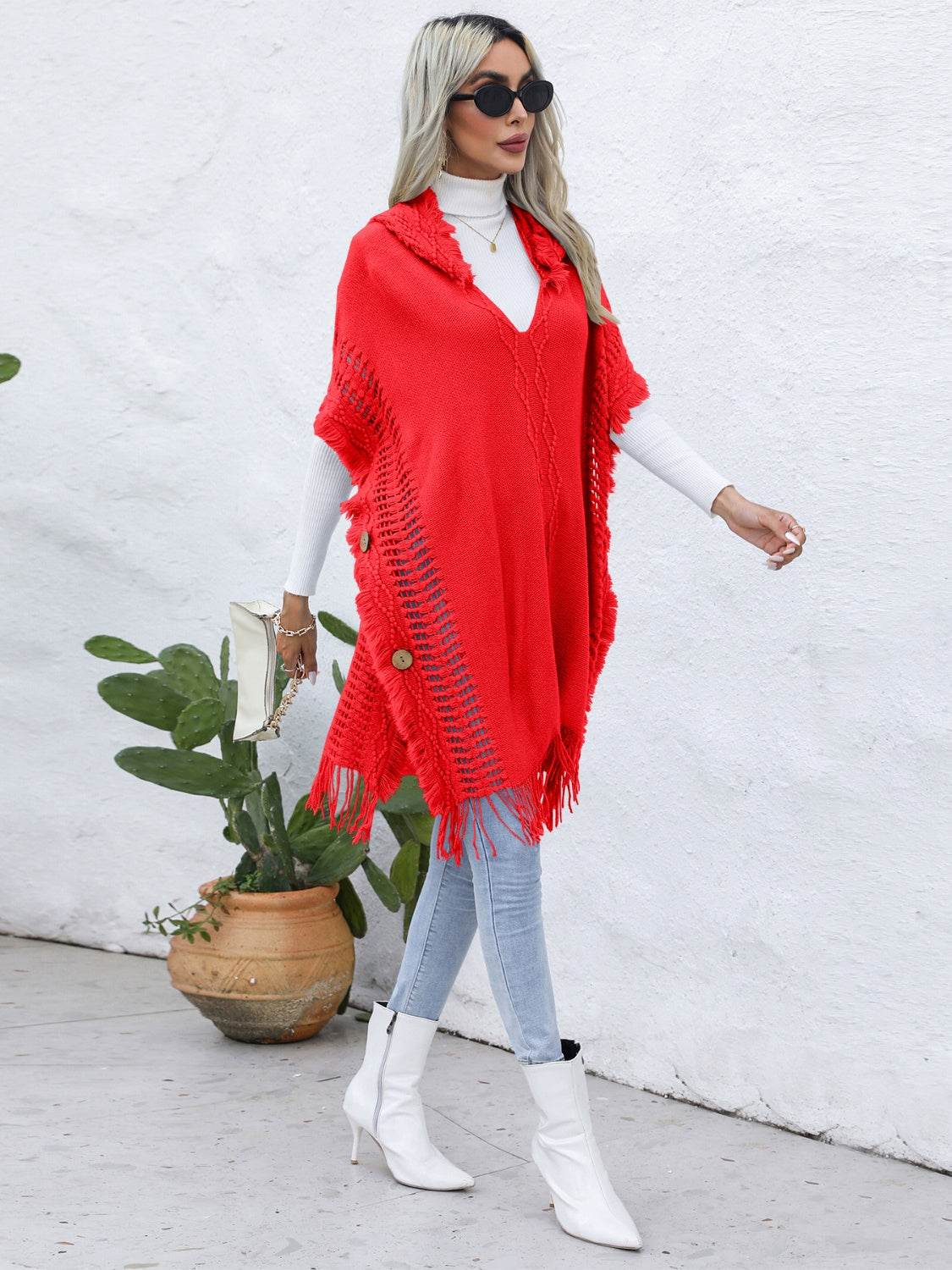 Fringe Trim Buttoned Hooded Poncho - Delanoir