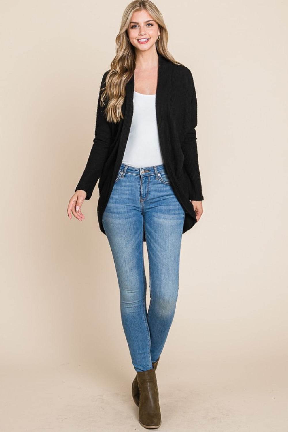 BOMBOM Open Front Waffle Knit Cocoon Cardigan - Delanoir