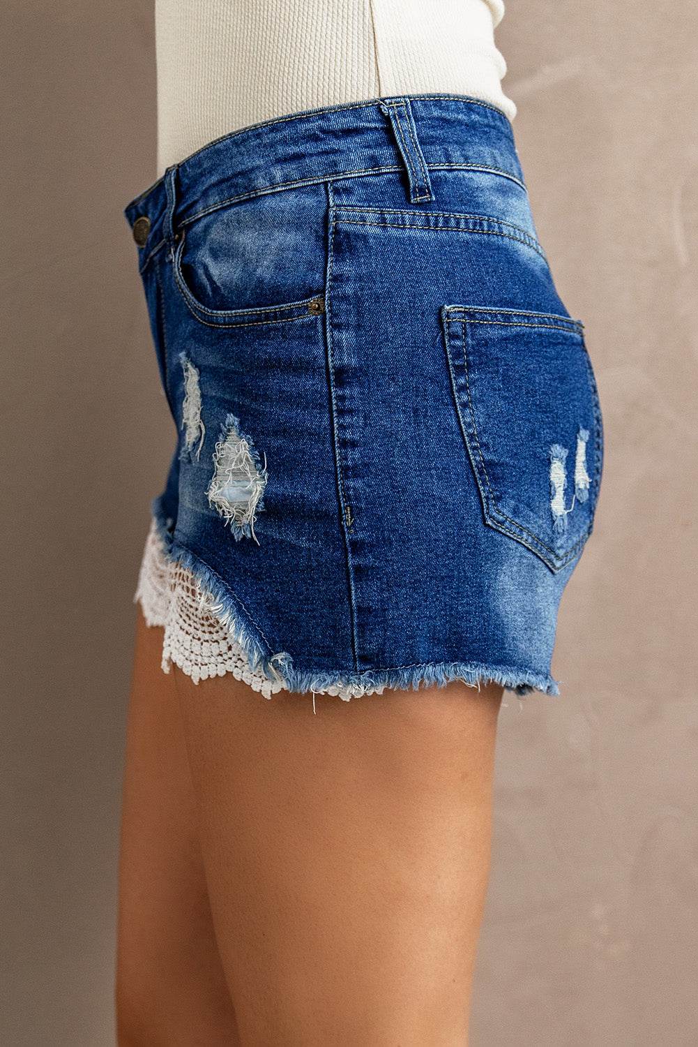 Spliced Lace Distressed Denim Shorts - Delanoir