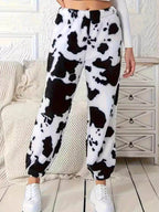 Fuzzy Cow Print Elastic Waist Pants - Delanoir