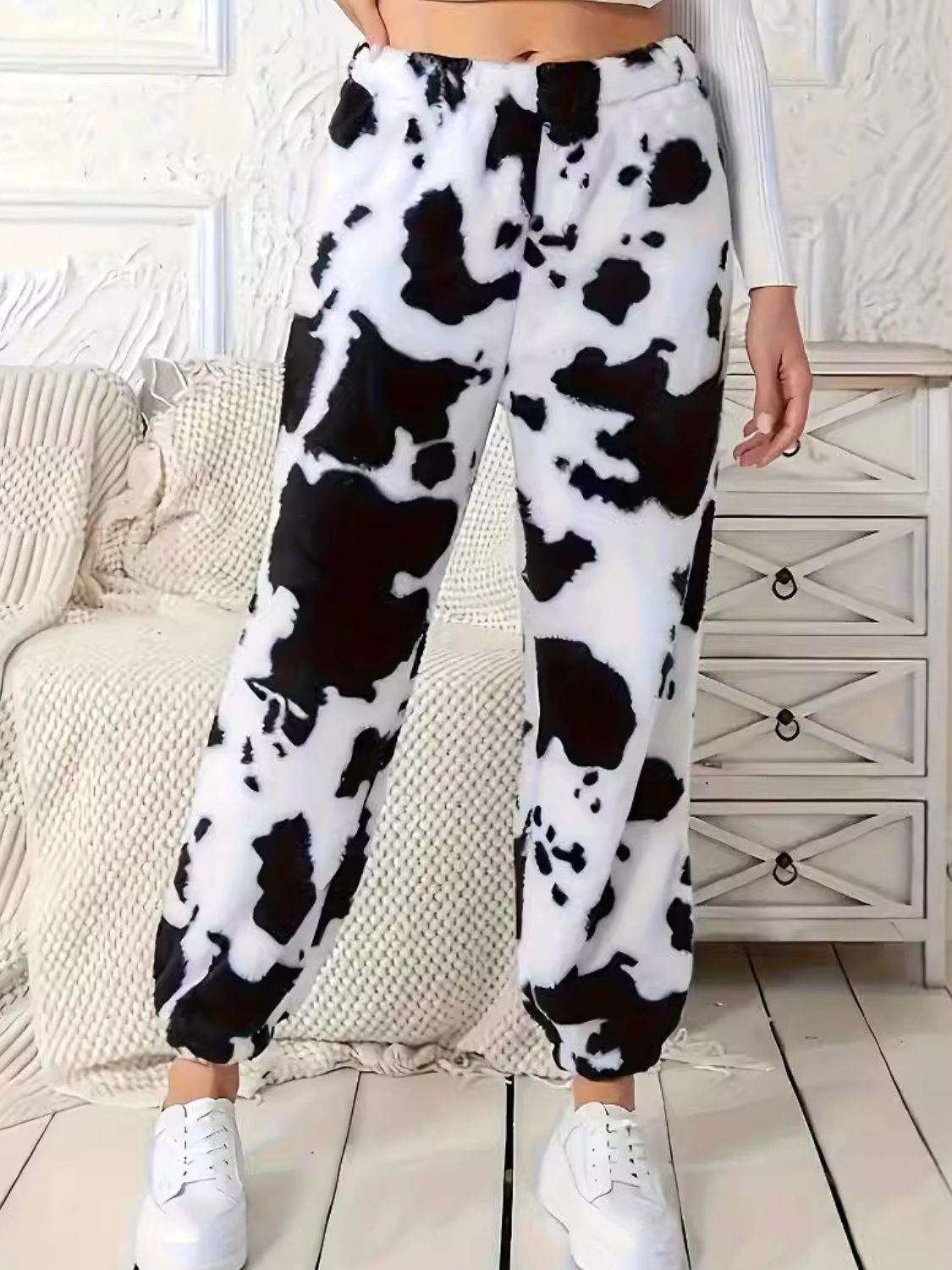 Fuzzy Cow Print Elastic Waist Pants - Delanoir