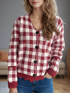 Plaid V-Neck Button Up Cardigan - Delanoir