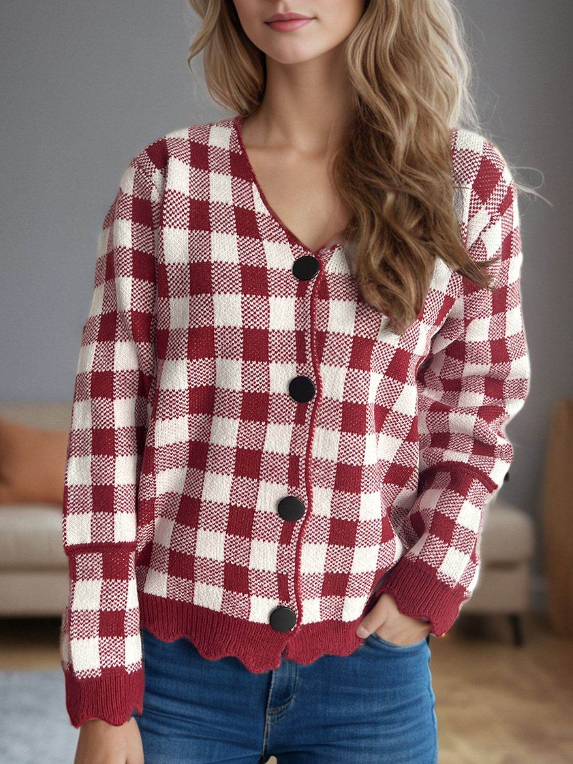 Plaid V-Neck Button Up Cardigan - Delanoir
