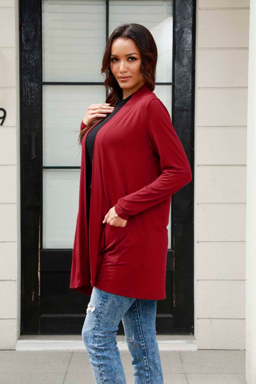 Basic Bae Full Size Open Front Long Sleeve Cardigan with Pockets - Delanoir
