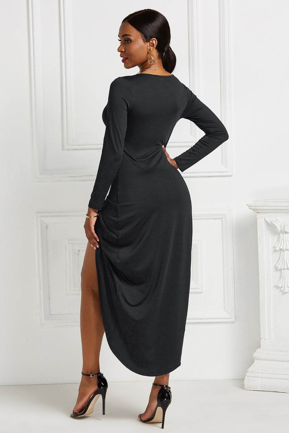 High-low Ruched Surplice Long Sleeve Dress - Delanoir