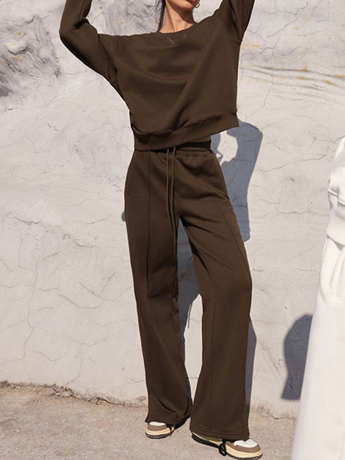Round Neck Long Sleeve Top and Elastic Waist Pants Set - Delanoir