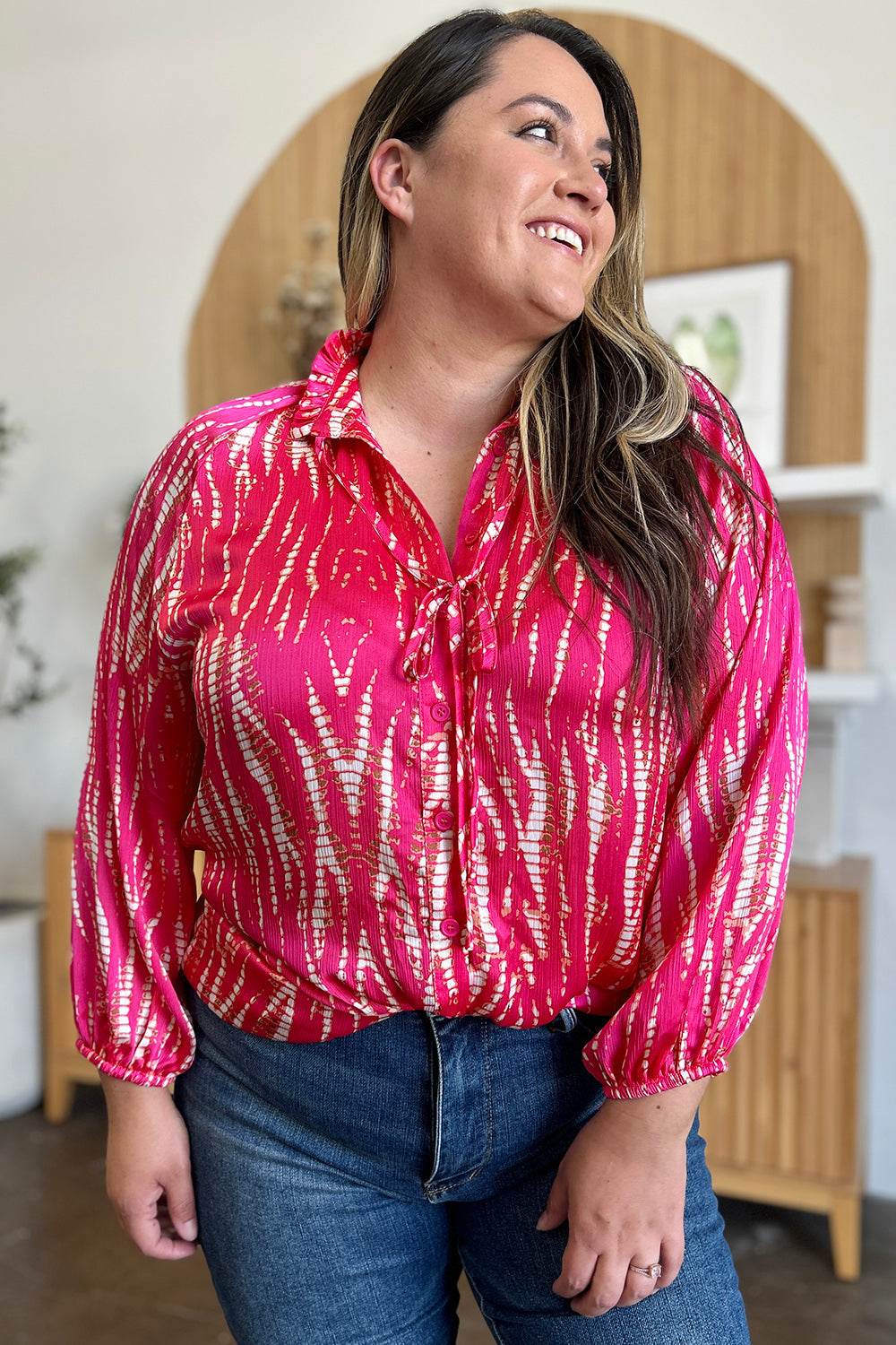 Double Take Full Size Printed Button Up Long Sleeve Shirt - Delanoir