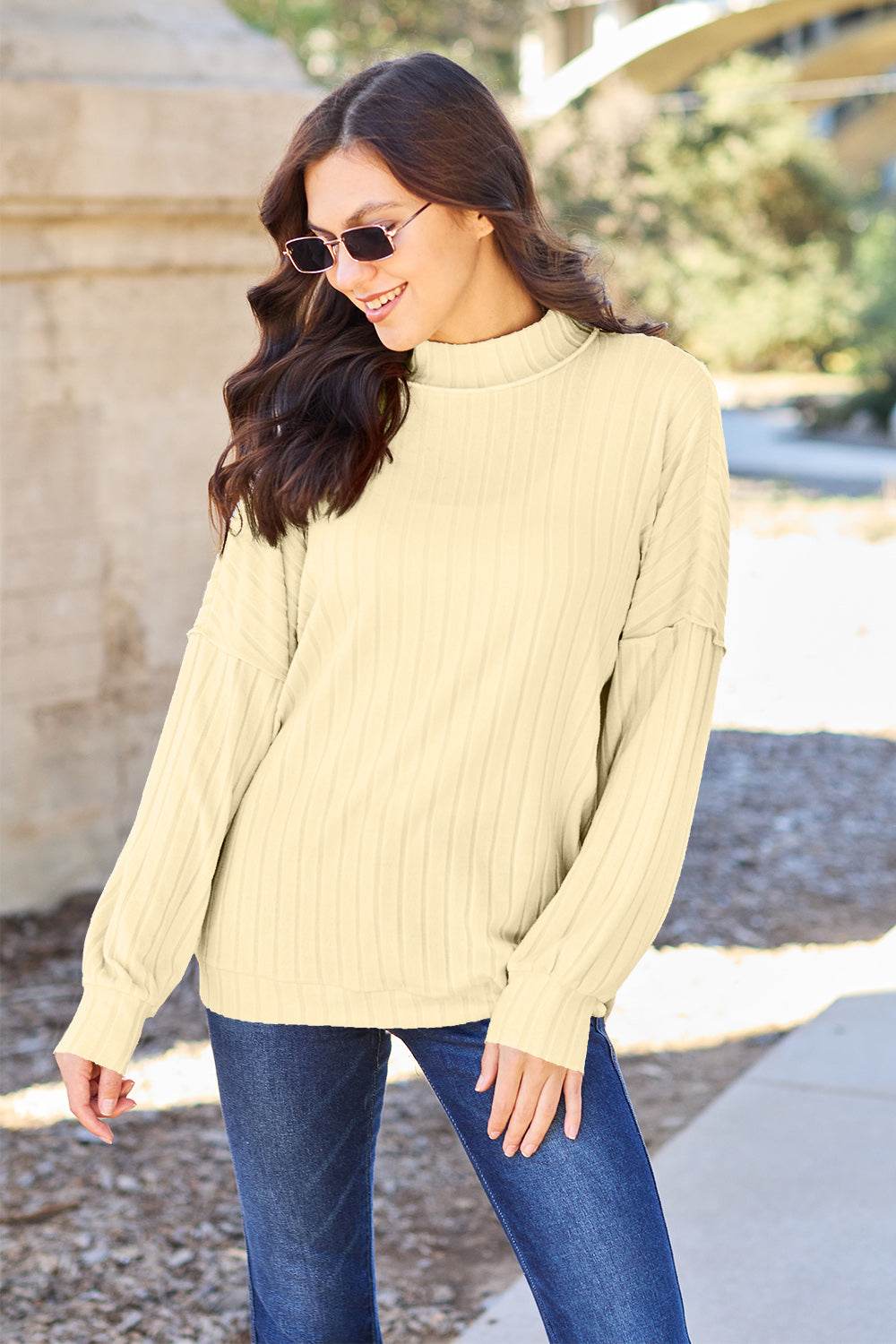 Basic Bae Full Size Ribbed Exposed Seam Mock Neck Knit Top - Delanoir