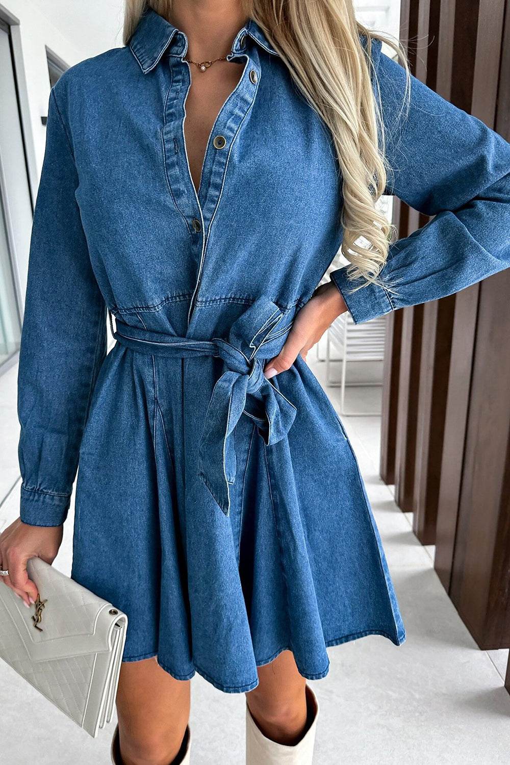 Tied Half Button Long Sleeve Denim Dress - Delanoir