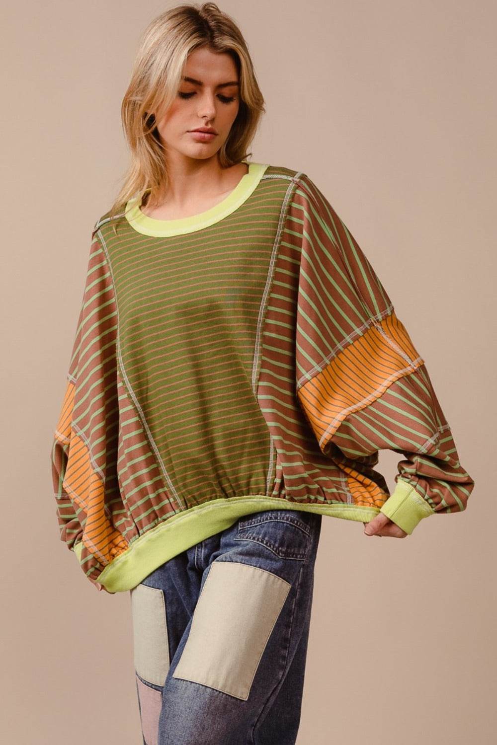 BiBi Color Block Striped Round Neck Sweatshirt - Delanoir