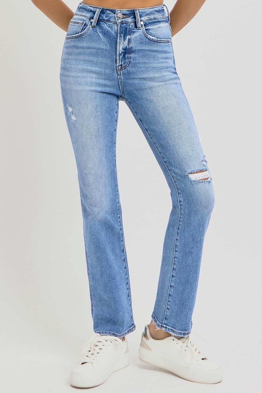 RISEN Full Size Distressed High-Rise Ankle Straight Jeans - Delanoir