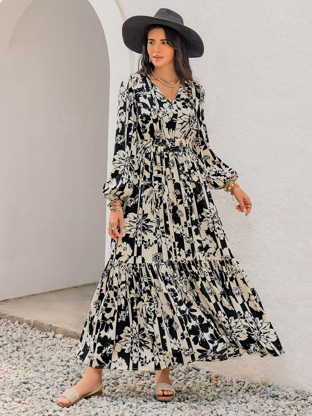 Smocked Printed Tie Neck Long Sleeve Dress - Delanoir