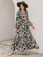 Smocked Printed Tie Neck Long Sleeve Dress - Delanoir