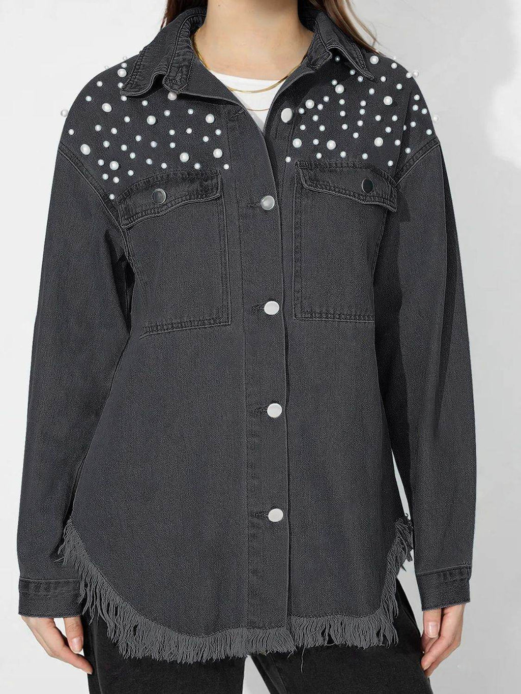 Raw Hem Pearl Trim Collared Neck Denim Top - Delanoir