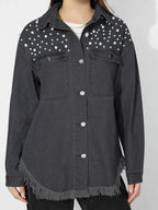 Raw Hem Pearl Trim Collared Neck Denim Top - Delanoir