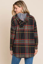 BOMBOM Drawstring Plaid Long Sleeve Hoodie - Delanoir