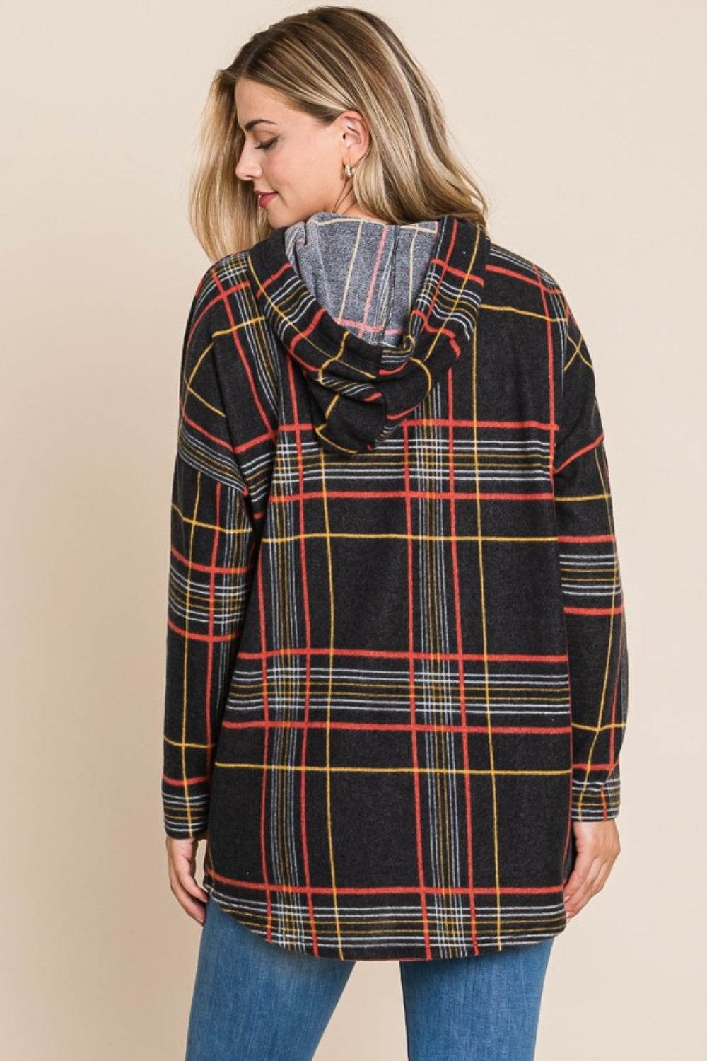BOMBOM Drawstring Plaid Long Sleeve Hoodie - Delanoir