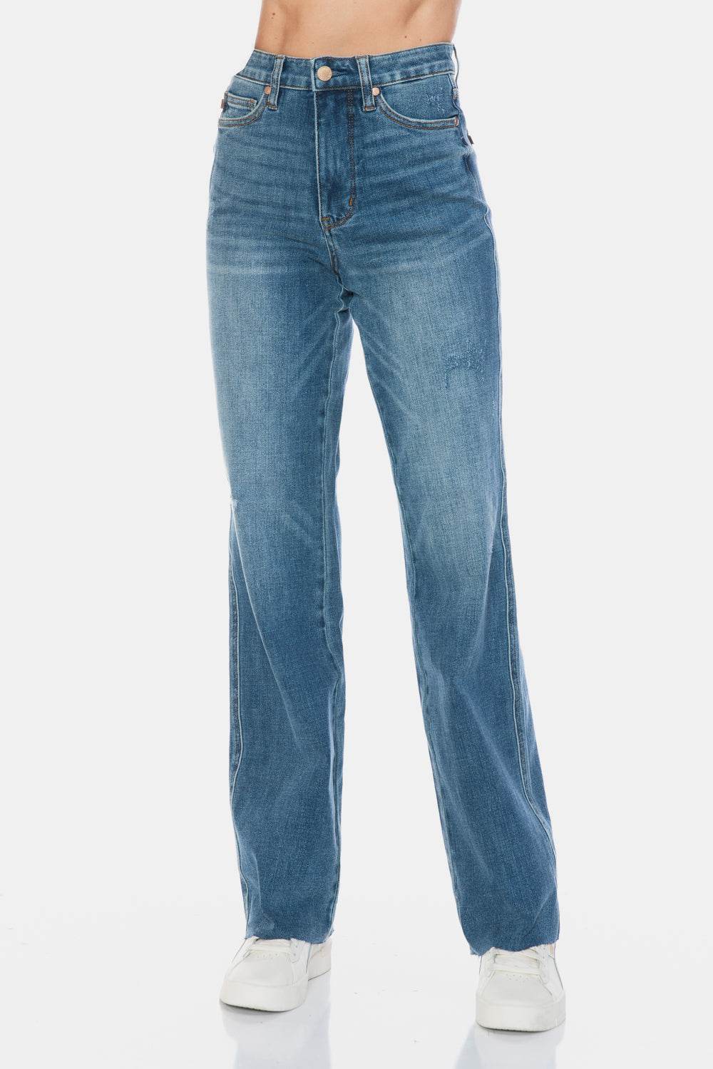 Judy Blue Full Size Tummy Control Cut Raw Hem Straight Jeans - Delanoir