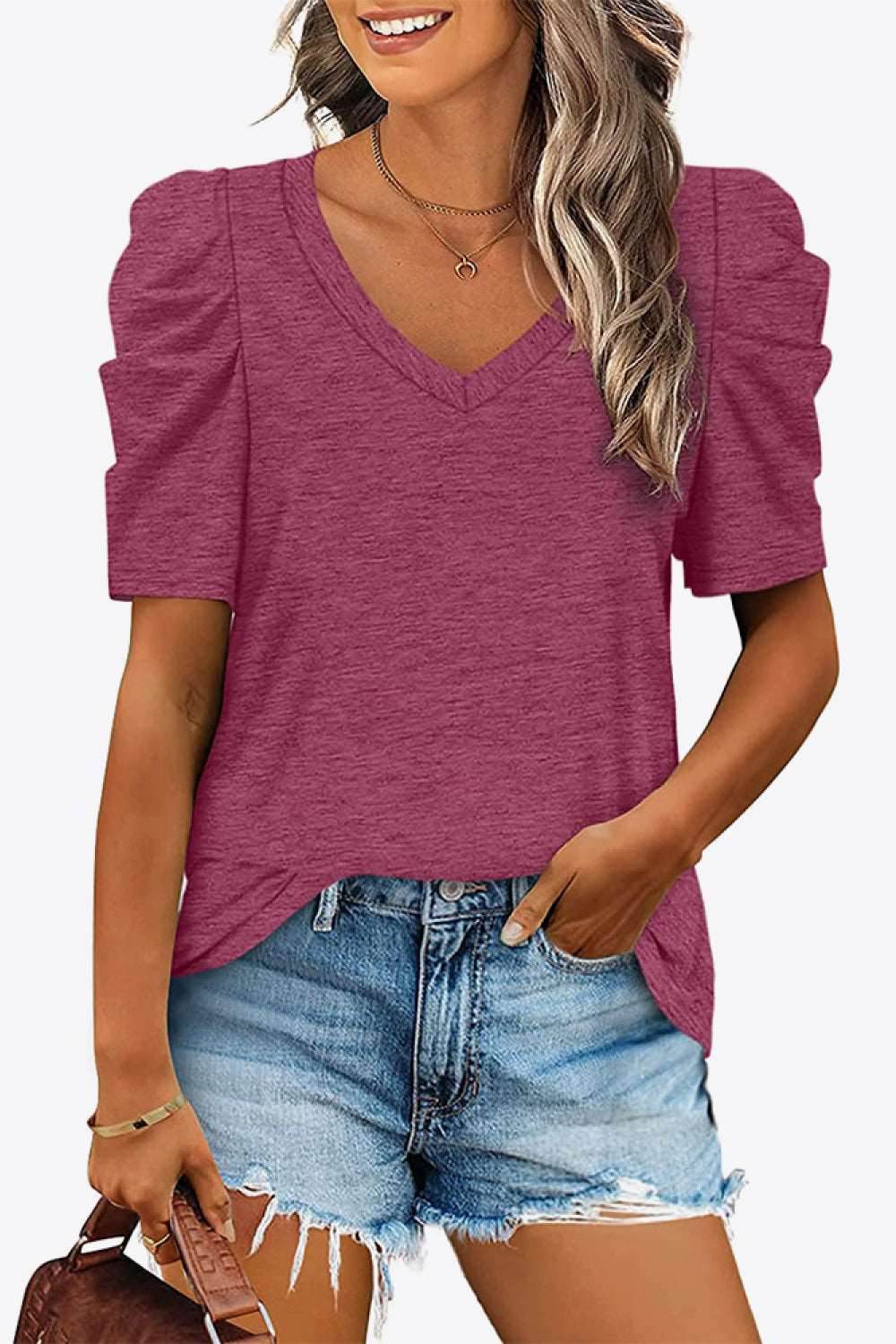 V-Neck Puff Sleeve Tee - Delanoir