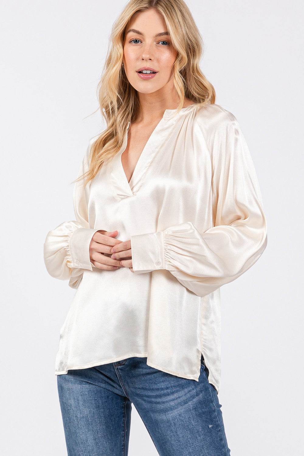 SAGE + FIG Notched Long Sleeve Blouse - Delanoir