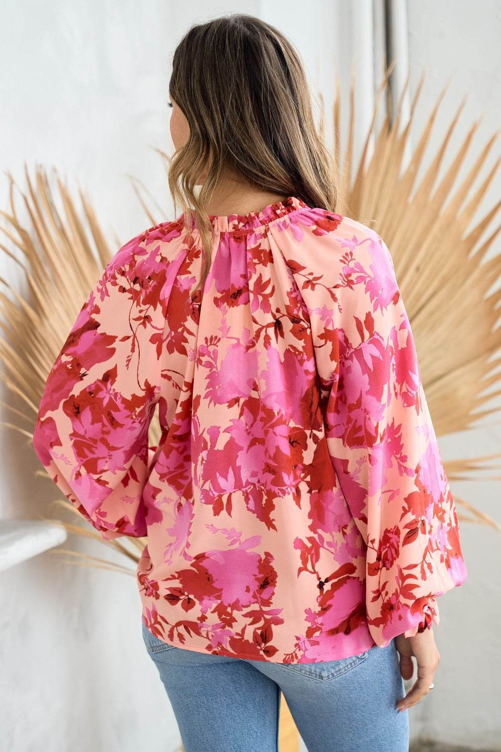 Hailey & Co Ruffle V-Neck Decor Button Floral Blouse - Delanoir