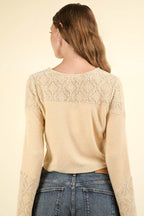 VERY J V-Neck Lace Detail Button Down Crop Ribbed Knit Top - Delanoir