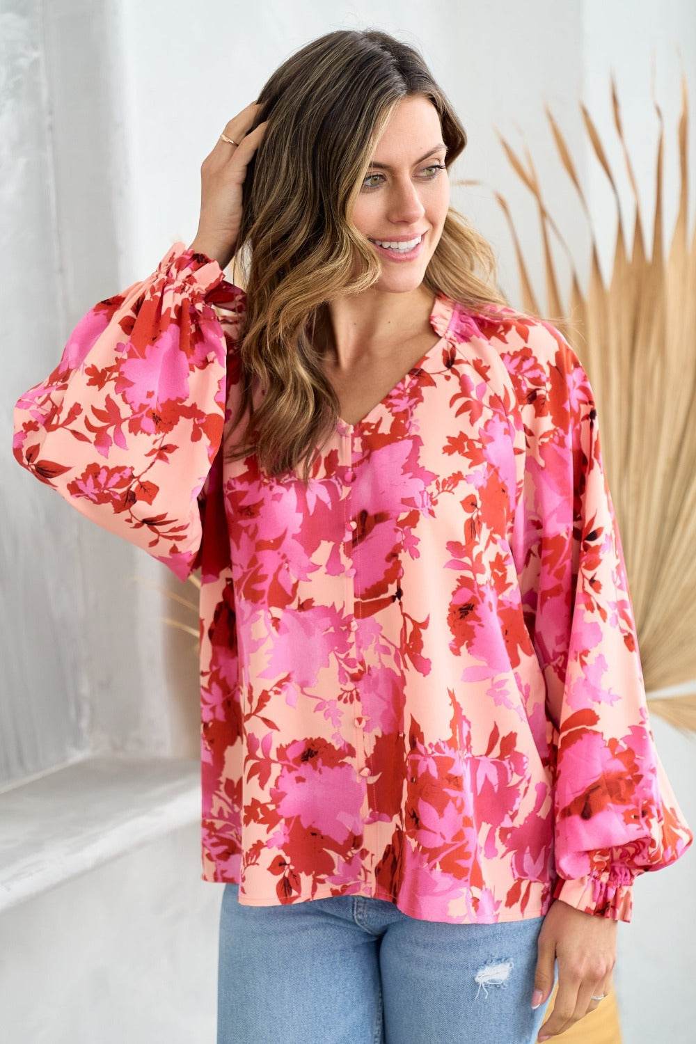 Hailey & Co Ruffle V-Neck Decor Button Floral Blouse - Delanoir