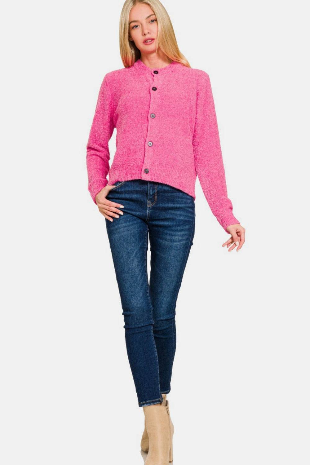Zenana Button Down Long Sleeve Sweater Cardigan - Delanoir