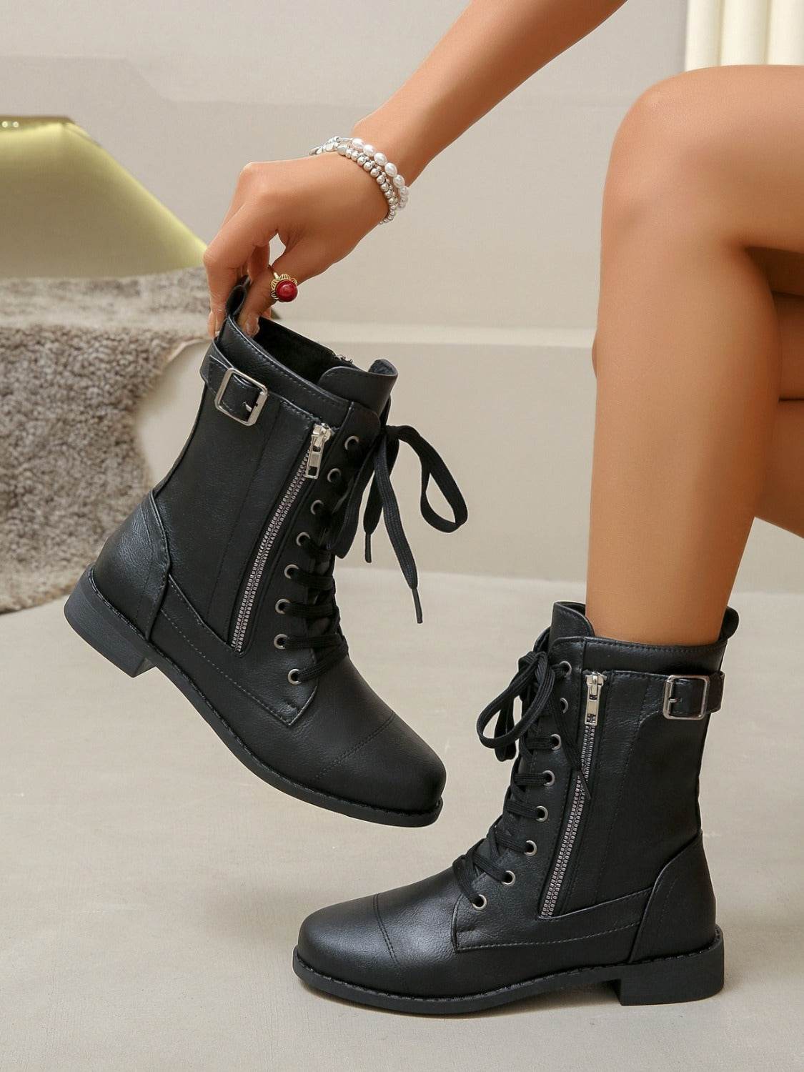 PU Leather Lace-Up Boots - Delanoir