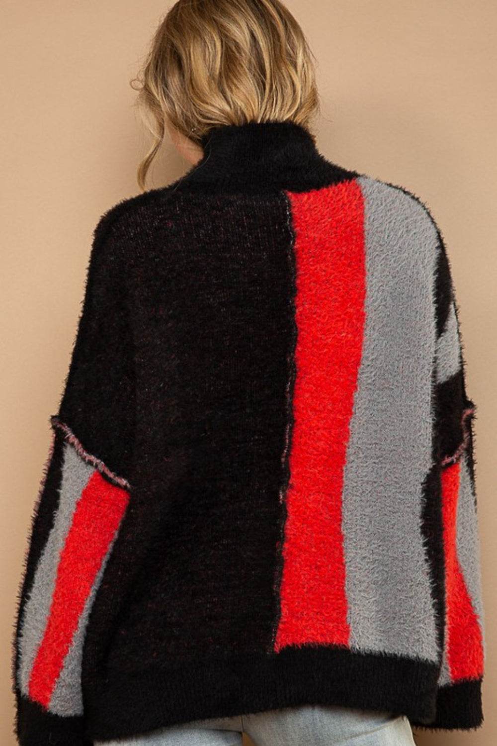 POL Turtleneck Color Block Fringe Detail Sweater - Delanoir