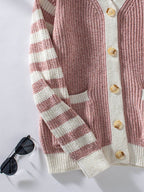 Striped Button Up Long Sleeve Cardigan - Delanoir