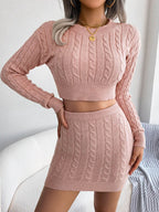 Cable-Knit Round Neck Top and Skirt Sweater Set - Delanoir