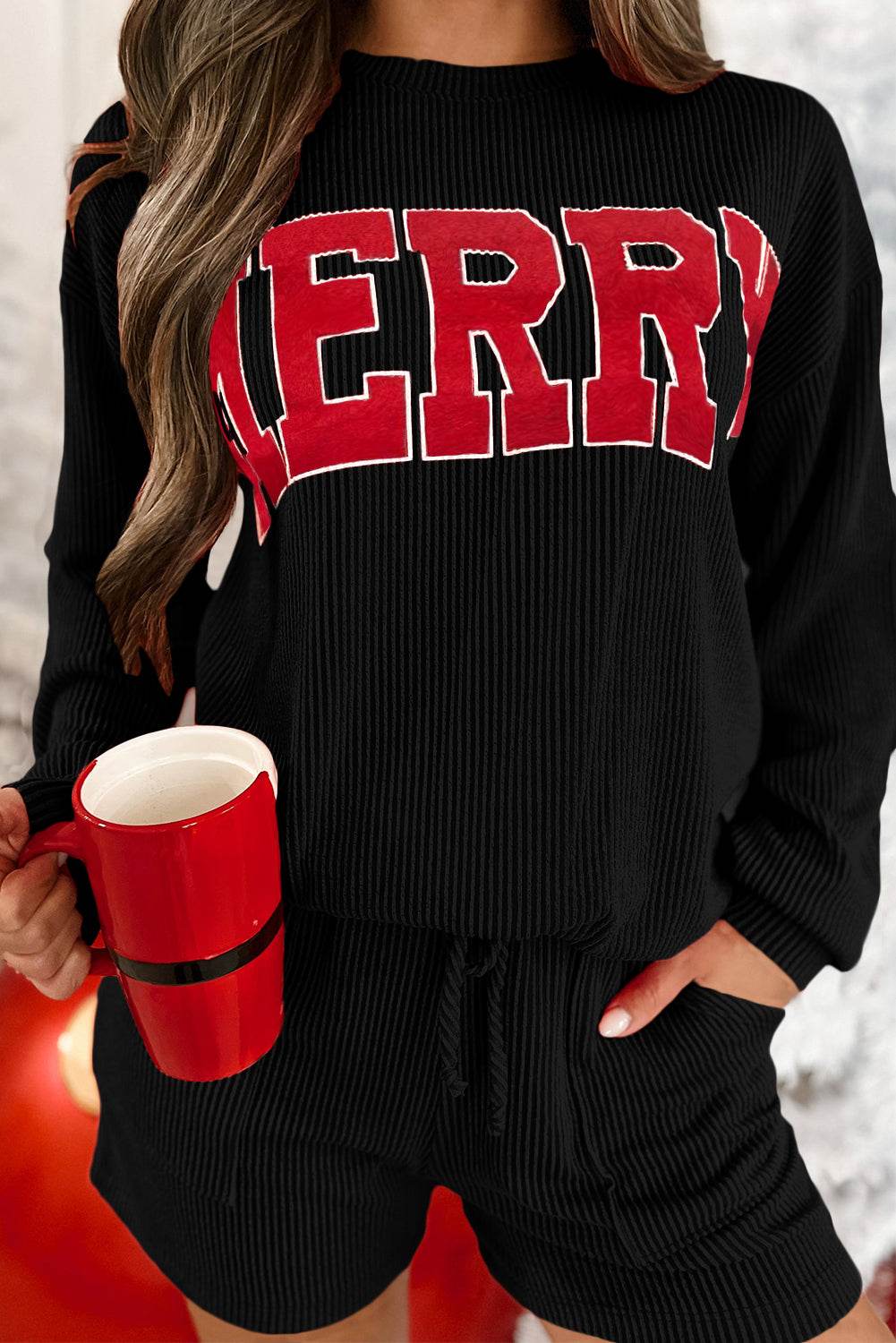 MERRY Round Neck Long Sleeve Top and Shorts Set - Delanoir
