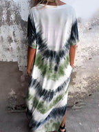 Full Size Pocketed Tie-Dye Short Sleeve Dress - Delanoir