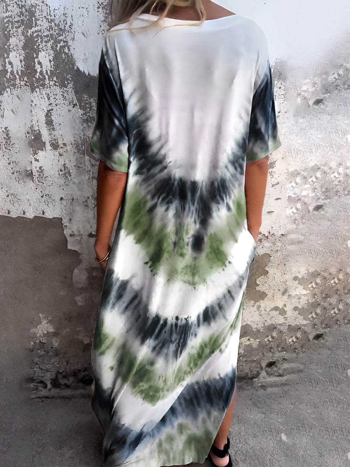 Full Size Pocketed Tie-Dye Short Sleeve Dress - Delanoir