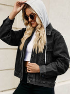 Drawstring Hooded Button Up Denim Jacket - Delanoir
