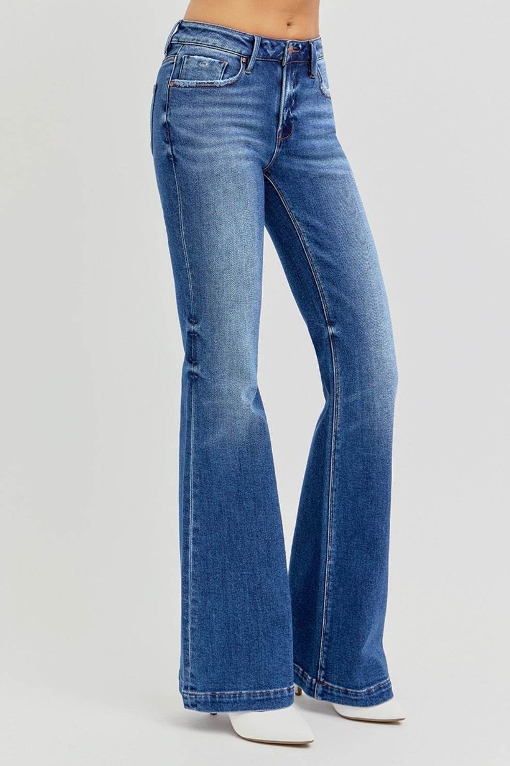 RISEN Full Size Low Rise Flare Jeans with Pockets - Delanoir
